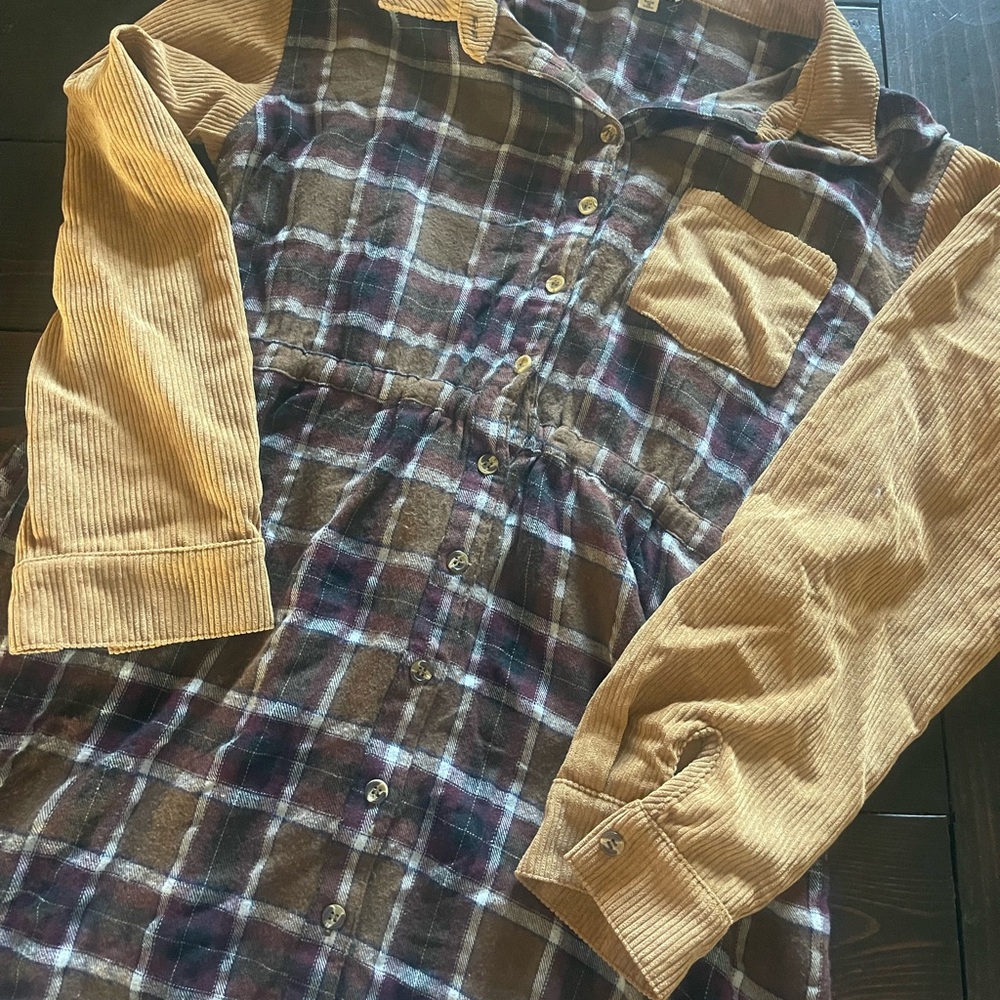 Easel Brown Plaid Midi Dress with Corduroy Sleeves